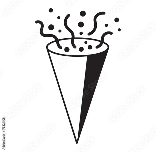 Festive party popper icon with streamers and confetti bursting outwards on white