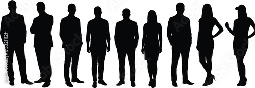 Silhouette of diverse business professionals, office team standing together, colleagues group illustration, teamwork concept, corporate workforce, leadership, success, management, unity