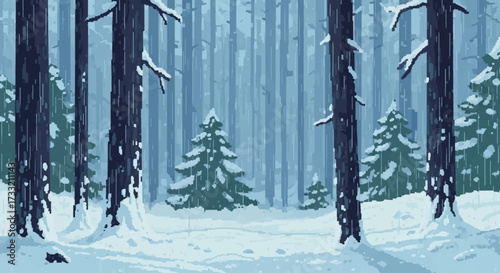 Snowy forest landscape with tall trees and evergreen pines in winter.