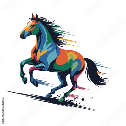 Colorful running horse illustration, dynamic paint patterns, wild mustang energy, modern equestrian art, racing motion, vector