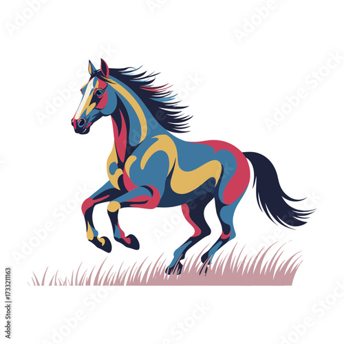Vibrant galloping horse artwork, multicolor shapes, swift movement lines, spirited stallion graphic, contemporary animal poster, vector