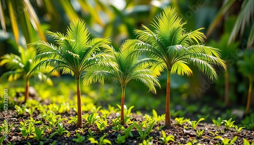 Tiny coconut palm trees sprout from fertile ground, lush green leaves unfurling, image, coconut