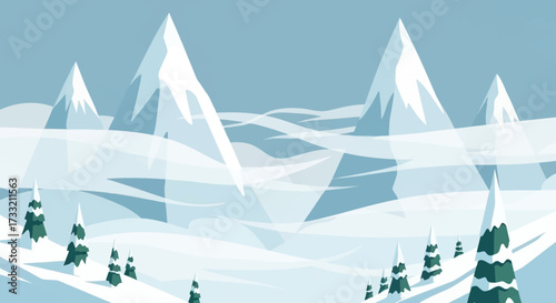 Snowy mountain landscape with pine trees and winter scenery.