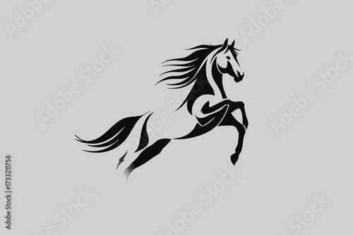 Elegant black horse silhouette rearing illustration, dynamic equine art, powerful stallion symbol on a light gray background.