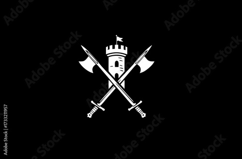 Classic Medieval Knight Heraldry Emblem: Fortress Tower, Crossed Battle Axes and Swords on Dark Background