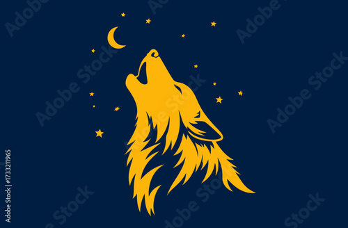 Stylized golden wolf howling at a crescent moon and stars in a dark blue night sky. Mystical wild animal illustration.