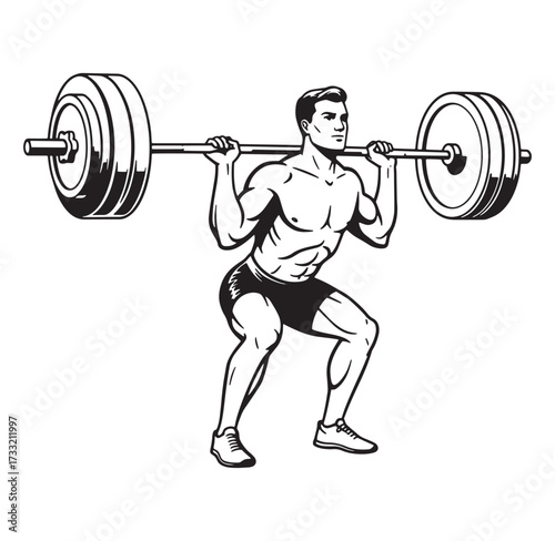 Illustrated black and white bodybuilder squatting with barbell weight lifting exercise concept