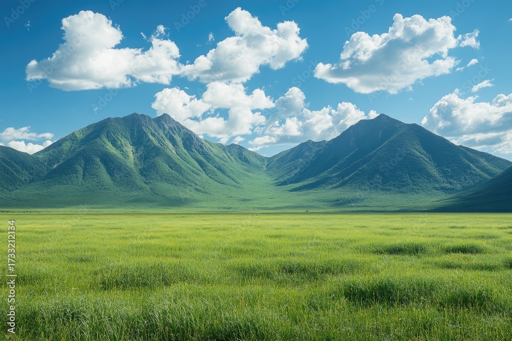 Fototapeta premium Green field meets mountains under bright sky with puffy clouds