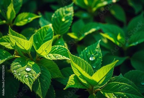 Vibrant emerald leaves glistening with morning dew, spring, natural