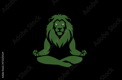 Stylized Green Lion Meditating in Lotus Pose, Symbolizing Zen, Mindfulness, and Spiritual Strength on Black Background