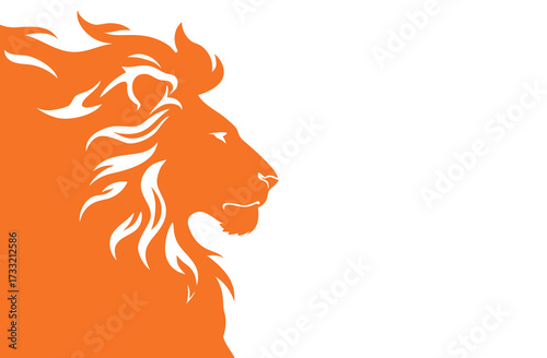Majestic orange lion head in profile graphic illustration with a flowing mane on a clean white background, symbolizing power, strength, and courage.