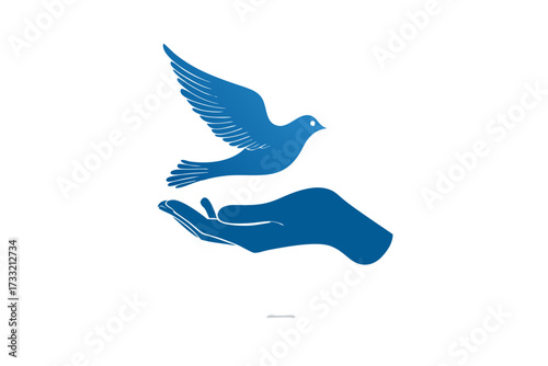 Blue dove flying from open hand symbolizing peace, freedom, hope, and new beginnings. Concept of release and gentle care.