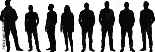 Silhouette of diverse group of eight people standing together, teamwork, business team, friends, casual lifestyle, urban community, social unity conceptSilhouette of diverse group of eight people 