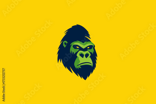 Powerful Gorilla Head Illustration with Intense Green Eyes and Dark Fur on a Bright Yellow Background. Strong Ape Mascot Vector Design.