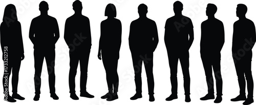 Silhouette of diverse group of eight people standing together, teamwork, community, friends, unity, business, casual lifestyle, urban society concept