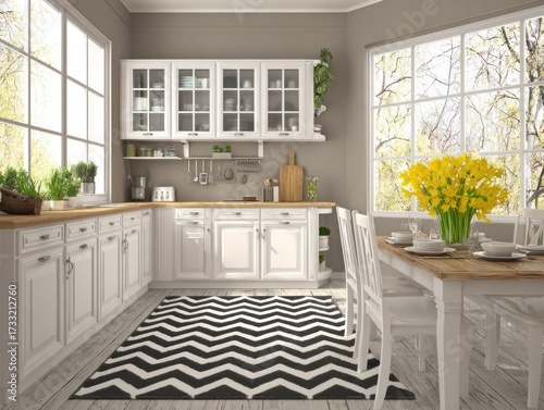 A charming, light-filled kitchen, showcasing white cabinetry, a wooden table, and a black and white chevron rug.
