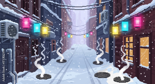 Snowy street with colorful lanterns and steam vents.