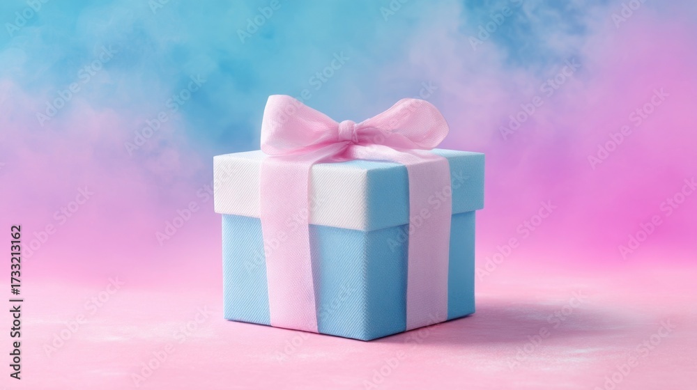 Obraz premium A small blue gift box adorned with a satin pink bow rests on a pastel pink table against a soothing blue gradient backdr