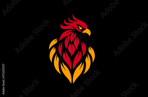Vibrant red and gold phoenix bird emblem with strong eyes, mythical fire creature logo concept on black background