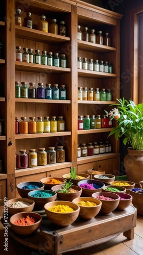 Wallpaper Mural Artisan pantry displaying colorful spices, powders, and herbs in glass jars on rustic wooden shelves with bowls of pigments Torontodigital.ca