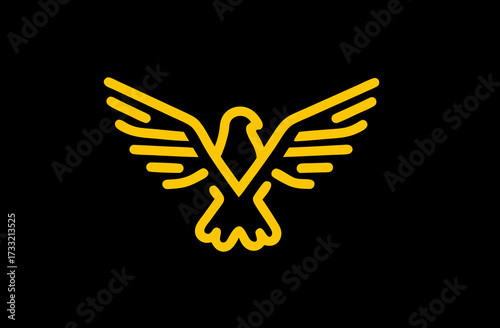 Minimalist yellow outline of a majestic eagle or bird of prey with wings spread, a powerful and elegant graphic symbol on a black background.