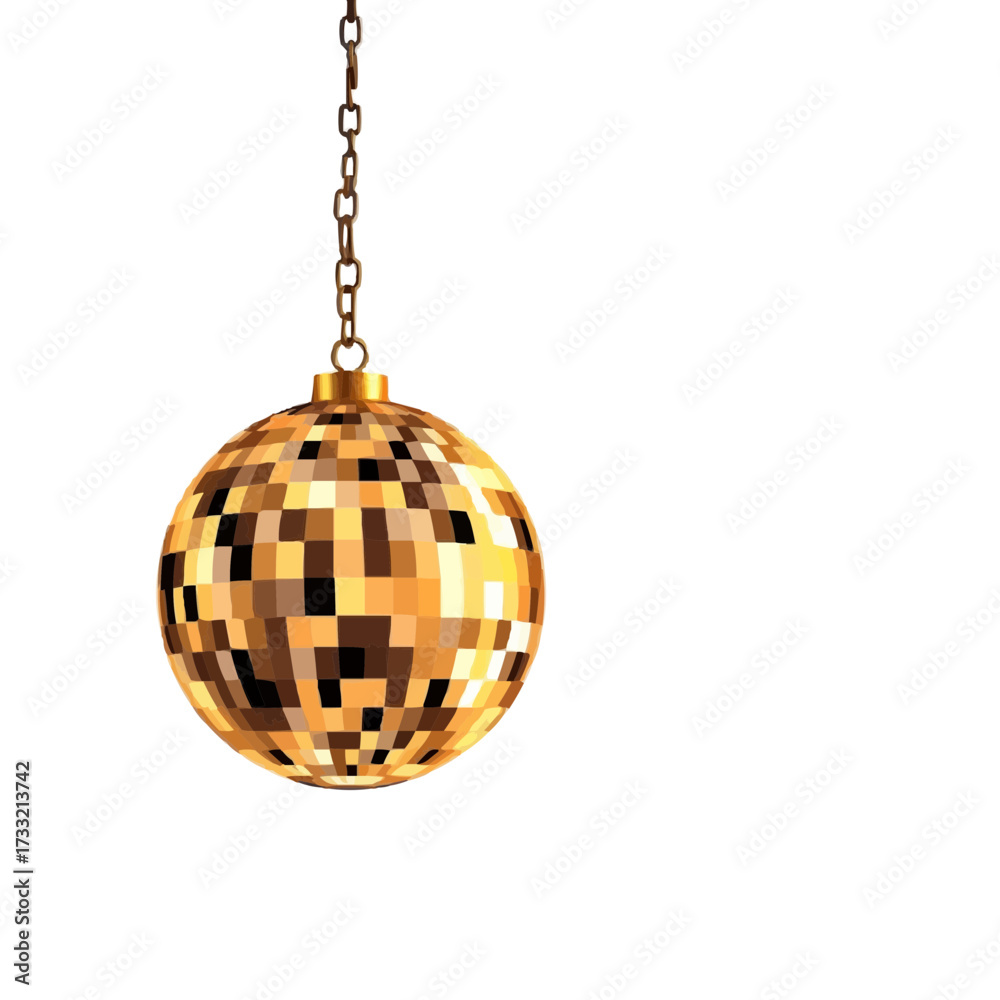Obraz premium Shimmering gold disco ball swinging from chain, ready to light up the dance floor and bring retro vibes to your party or event, celebrating music and fun