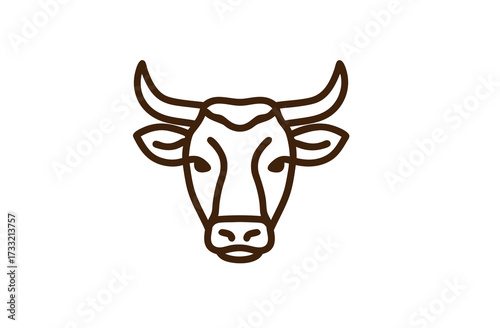 Minimalist line art illustration of a brown cow or bull head facing forward, simple bovine animal icon or logo graphic design element.