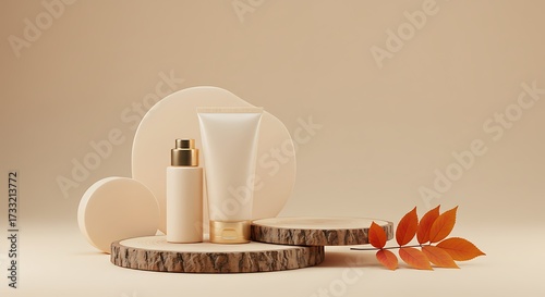 Minimalist Autumn Skincare Display with Cream Bottles and Wood Slices