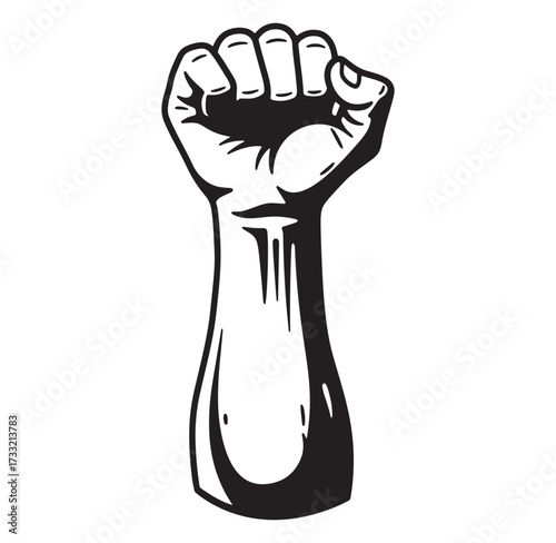 Powerful raised fist in black and white symbolic of strength and resistance