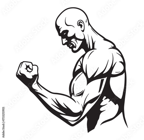 Powerful and muscular bodybuilder flexing his arm in a classic black and white illustration