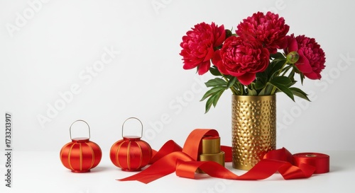 Festive Floral Arrangement with Red Peonies and Lanterns