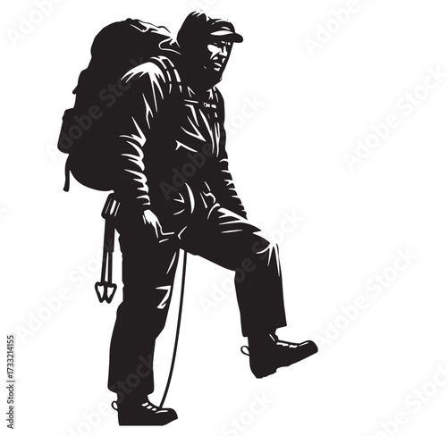 Silhouette illustration of a determined hiker wearing a backpack climbing a mountain path