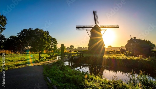 Sunrise over a Dutch windmill
