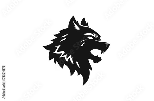 Powerful black wolf head silhouette roaring, aggressive wild animal symbol, vector graphic design element on white background