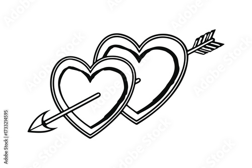 Two hearts pierced by an arrow, black and white drawing
