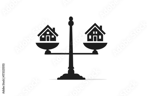 Real estate house comparison on a balance scale. Property valuation, home equity, housing market decisions, investment concept.