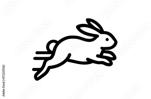 Minimalist black and white line art icon of a running rabbit, fast bunny symbol, hopping animal graphic design element, motion concept.