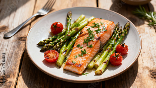 Grilled salmon with asparagus and tomatoes