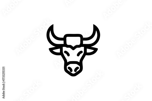 Minimalist bull head icon, black outline on white. Symbolizing strength, power, financial markets, or zodiac sign Taurus.