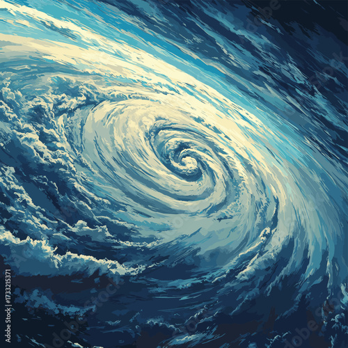A powerful hurricane spirals over the ocean, showcasing swirling clouds and intense weather patterns from a satellite perspective. , vector style simple color