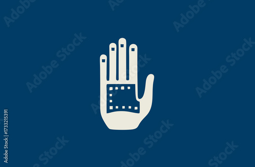Stylized hand with film strip icon on dark blue background, symbolizing cinema, movie production, media, and creative film making concept illustration.