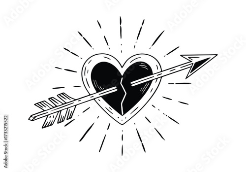 Broken heart pierced by an arrow, vintage tattoo style illustration
