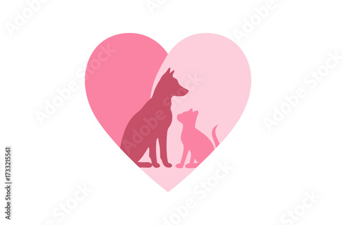 Pink heart with silhouettes of a dog and cat, symbolizing pet love, animal care, rescue, and veterinary health. Cute graphic.