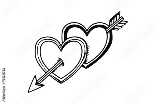 Two hearts pierced by an arrow, black and white drawing