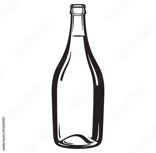 Simple black and white illustration of a champagne or sparkling wine bottle isolated