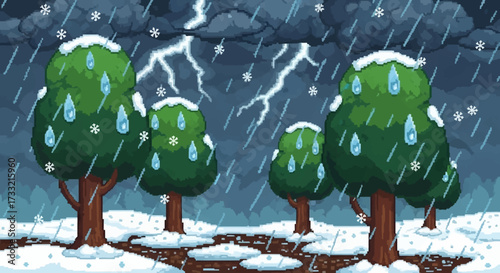 Trees in a winter landscape with snow and rain.