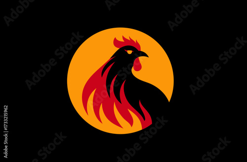Stylized fiery rooster logo on a black background. Modern graphic design featuring a vibrant orange and red avian emblem.