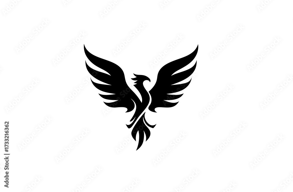 Obraz premium Mythical Phoenix bird silhouette with powerful spread wings, symbolizing rebirth, strength, and eternity. Black graphic design on white background.