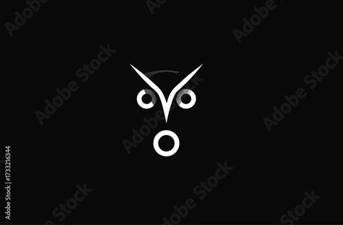 Sleek minimalist owl face logo design, abstract geometric wise bird symbol illustration on a dark black background.