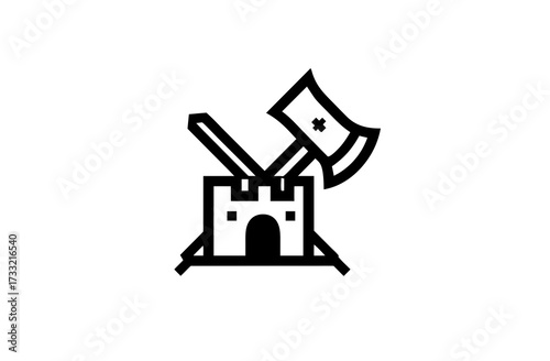 Medieval Castle Fort with Crossed Axe and Weapon Line Art Icon. Warfare, Defense, and Strategy Vector Illustration